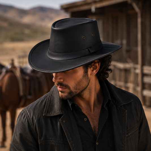Premium Black Leather Cowboy Hat – Western Outback Wide Brim Hat for Men