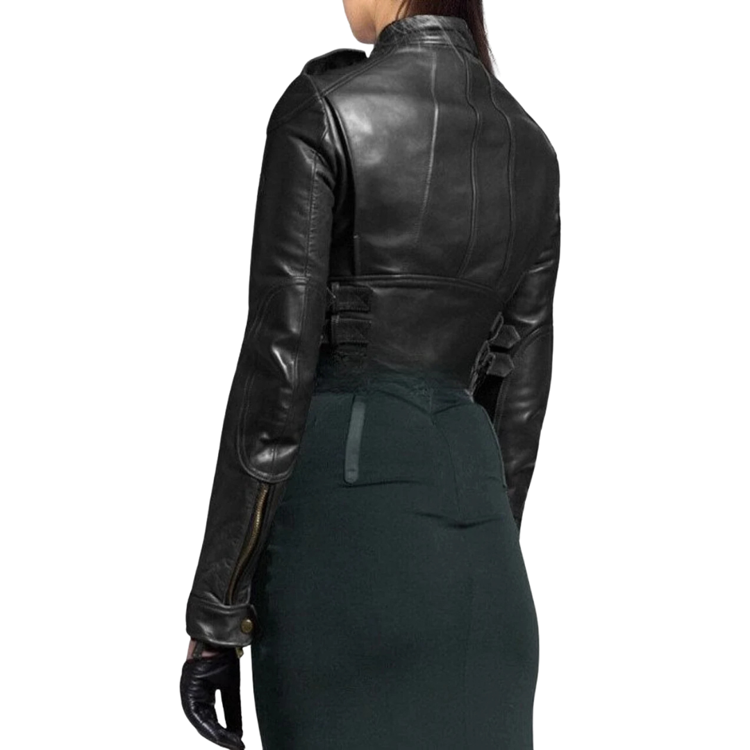 Womens BLACK CROPPED Leather Jacket | Lambskin Leather Motor Biker Bolero SHRUG Jacket Long Sleeves | Street Fashion Jacket Gift Her
