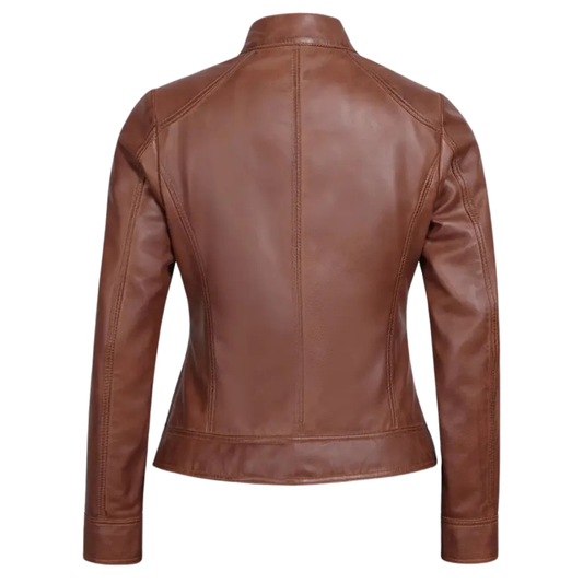 Women's Reddish Maroon Sheepskin Leather Cafe Racer Biker Jacket