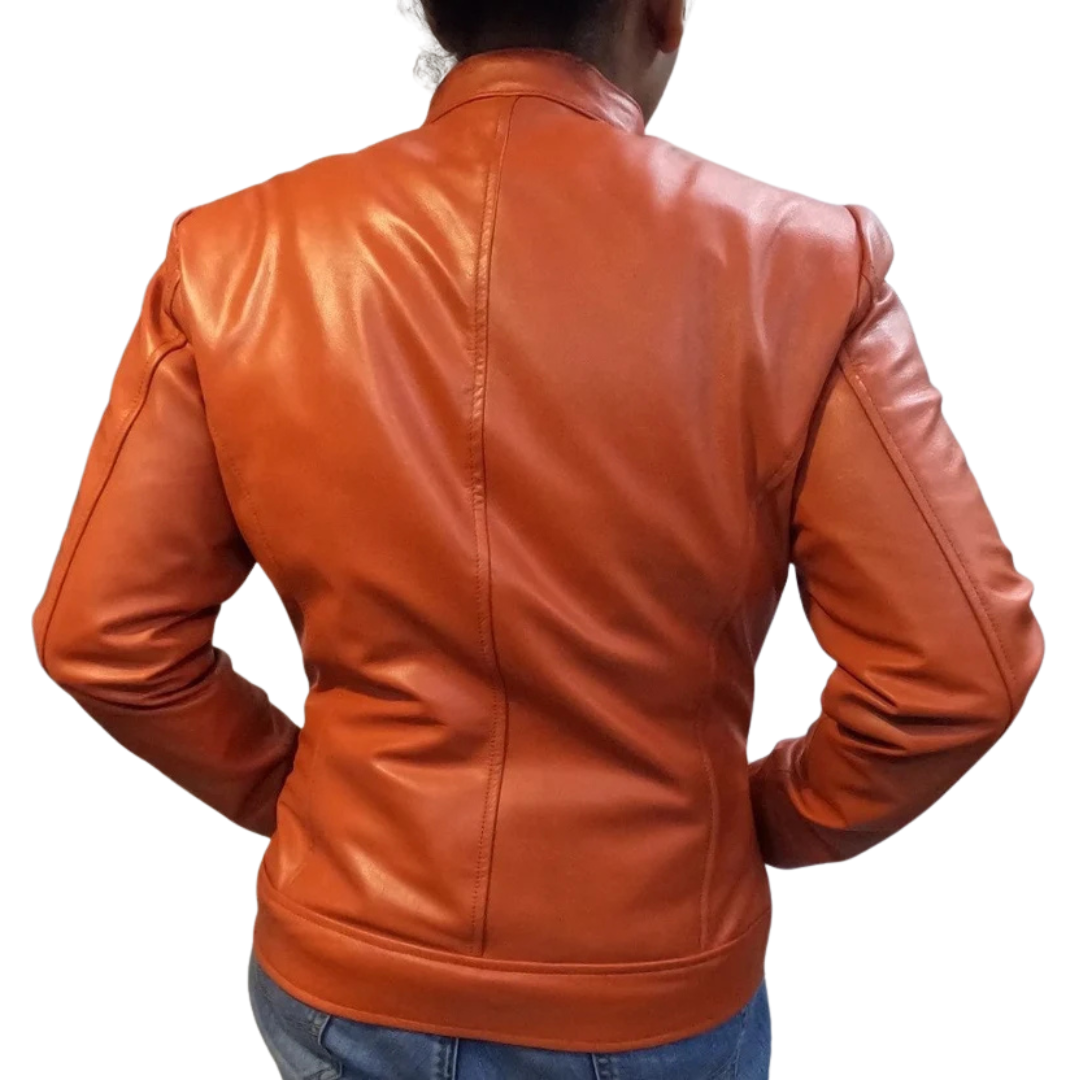 Womens Strong Orange LEATHER JACKET | Slim Fit Biker Leather Jacket | Handmade Celebrity Leather Jacket Gift For Her Orange