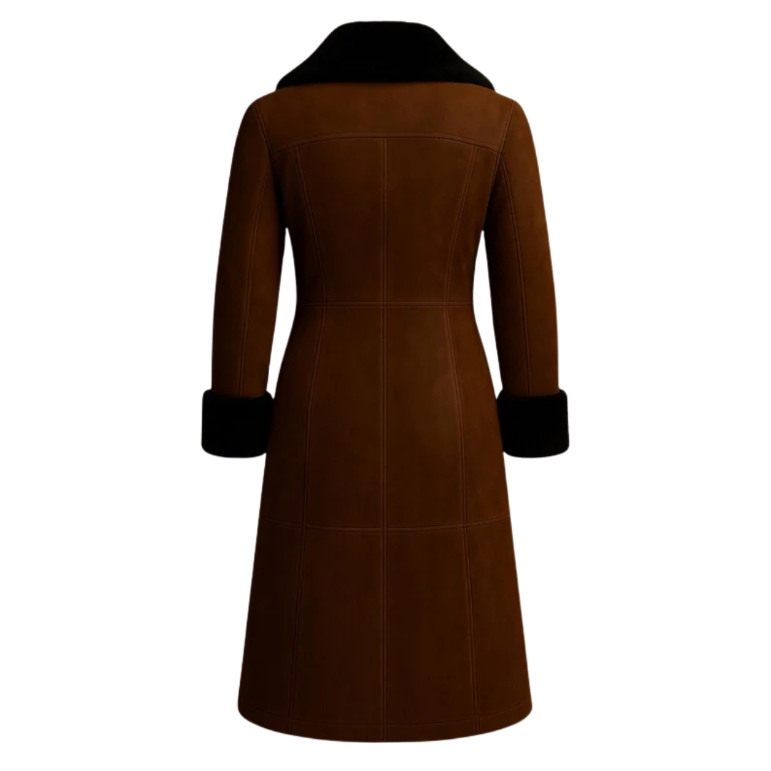 Handmade Brown Leather Coat: Women's Vintage Style with Black Faux Fur