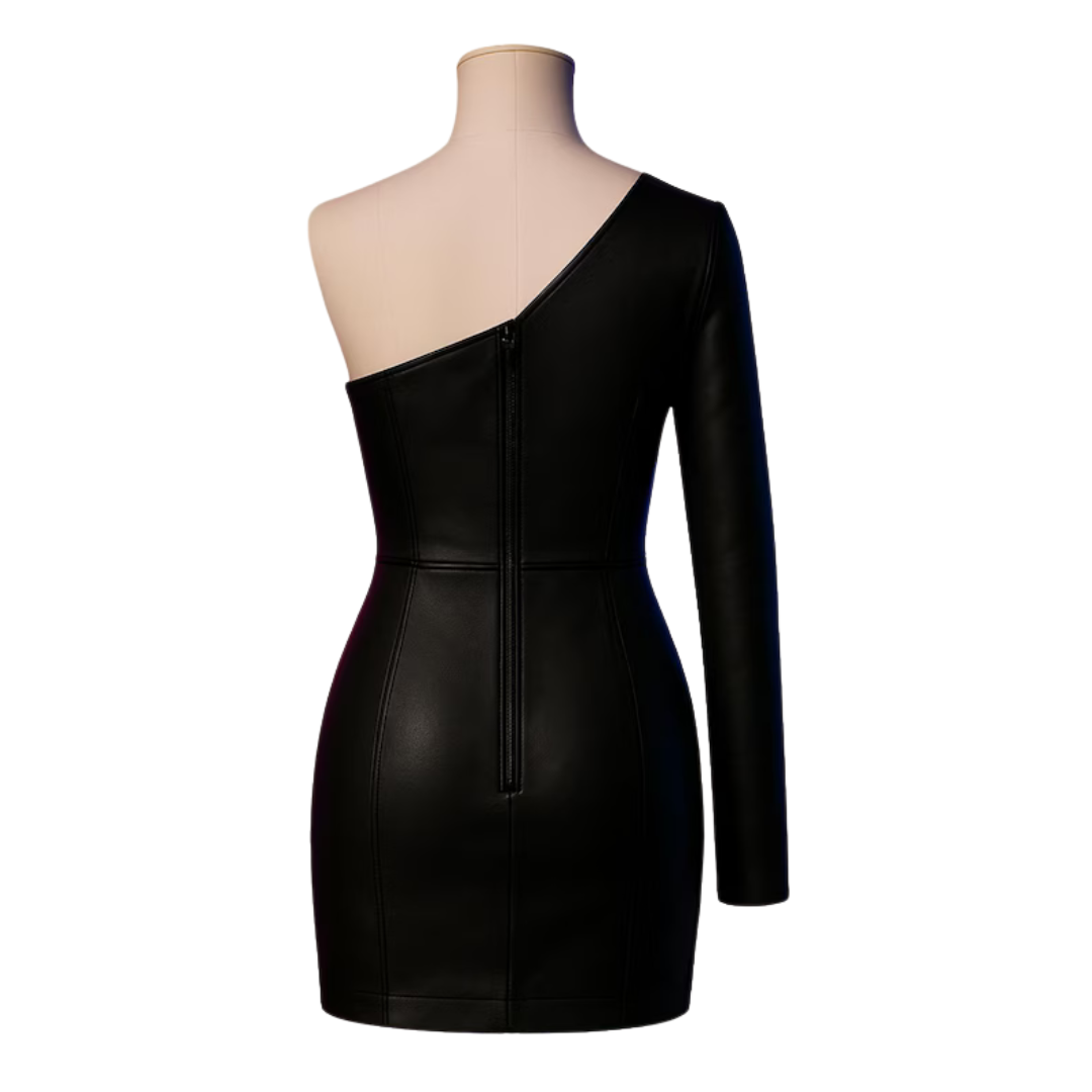 Women’s Black Leather One-Shoulder Mini Dress Handmade Floral Bodycon Party Outfit, Genuine Leather Clubwear