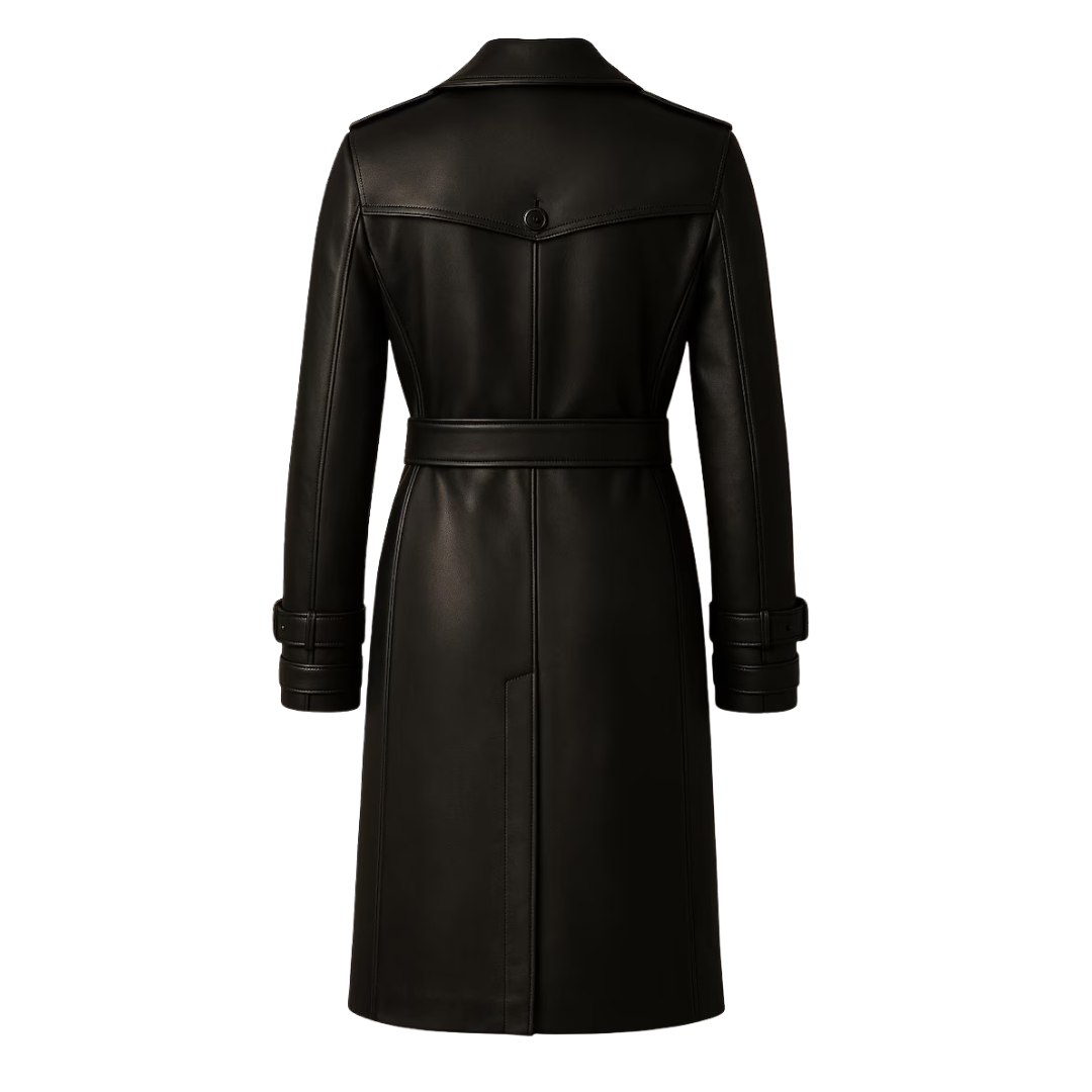 Handmade Black Leather Trench Coat: Gold Buttons, Belted Waist