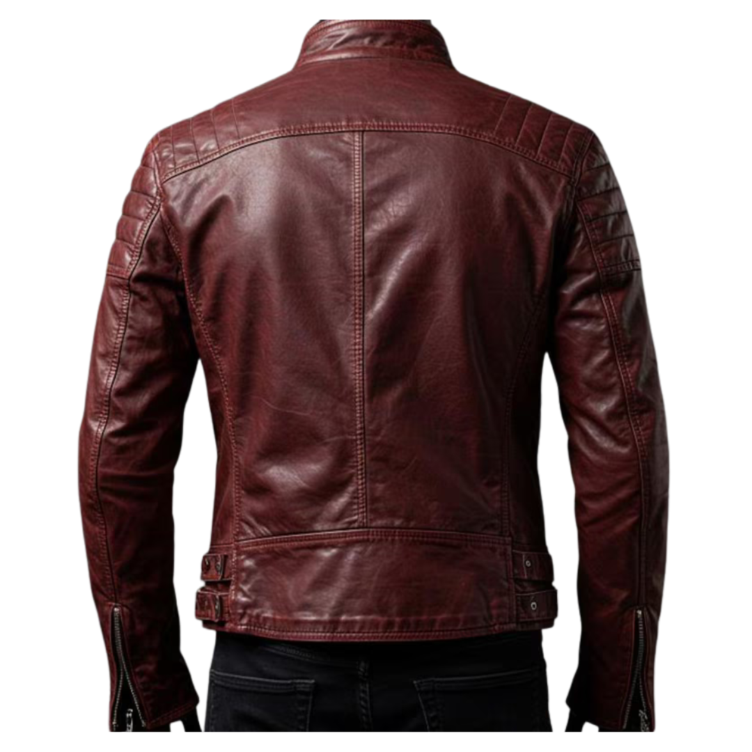 Handmade Burgundy Leather Biker Jacket: Diamond Quilted, Slim Fit