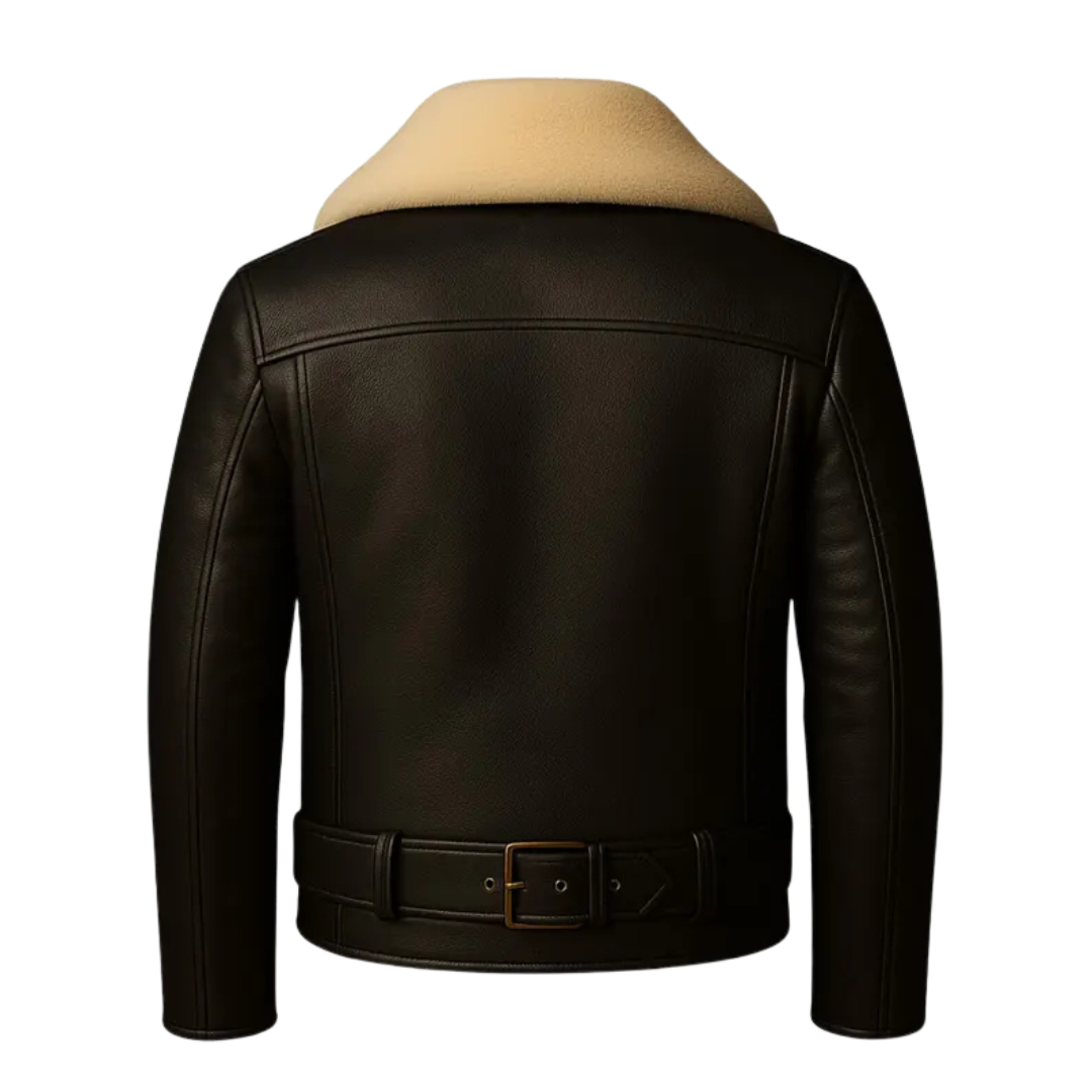 Men’s Black Leather Jacket with Cream Collar Classic Biker Style Winter Warm Zip-Up