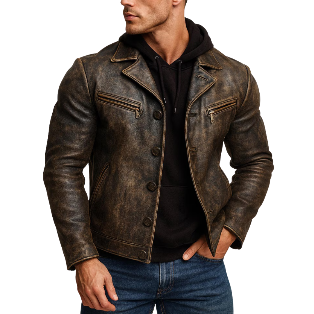 Handmade Distressed Cowhide Leather Biker Jacket: Bronze