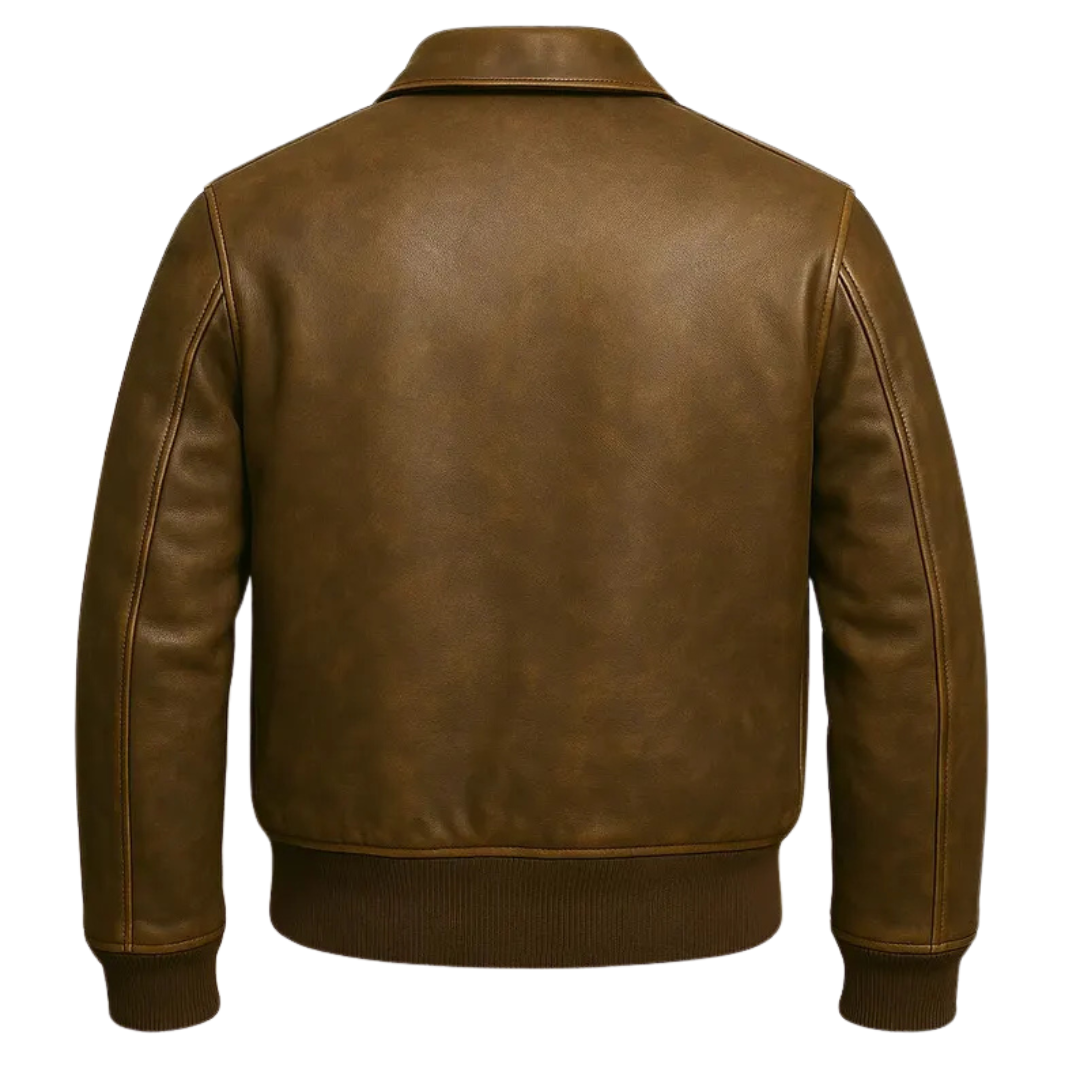 Men’s Classic Brown Leather Jacket Vintage Bomber Style Zip-Up Casual Jacket