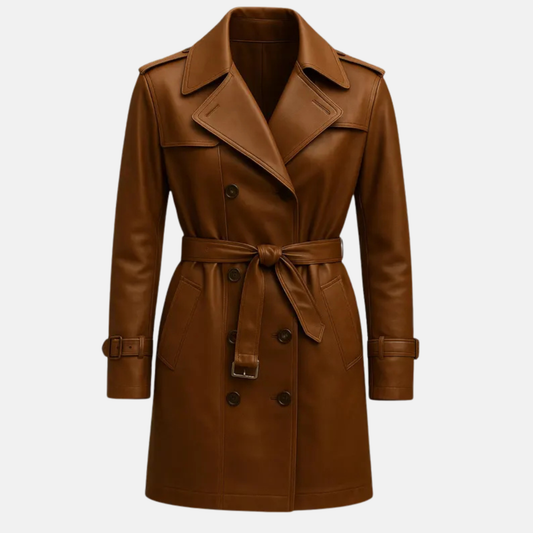 Handmade Brown Leather Trench Coat - Women's Classic Belted Jacket