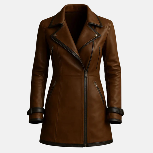 Women’s Brown Leather Coat Handmade Genuine Leather Trench Double Breasted Long Jacket Elegant Vintage Winter Outerwear
