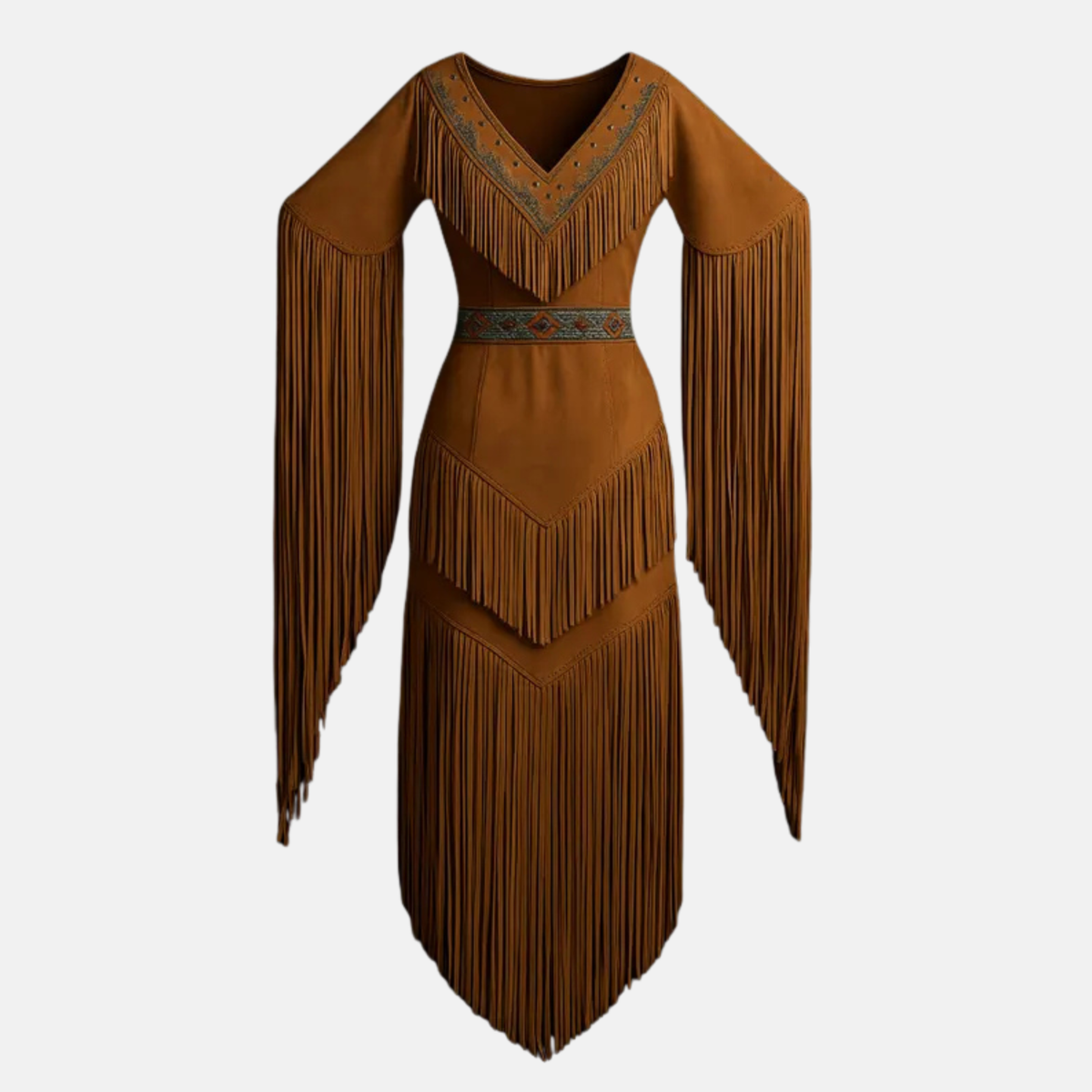 Handmade Tan Leather Fringe Dress Beaded Powwow Regalia, Western Native Style Outfit for Women
