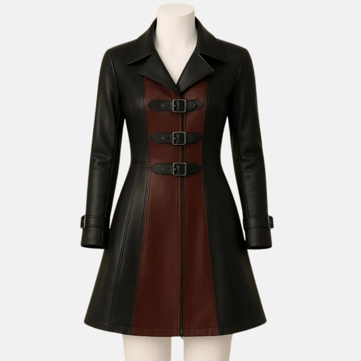 Handmade Two-Tone Leather Coat: Women's Buckle Trench, Gothic Fashion