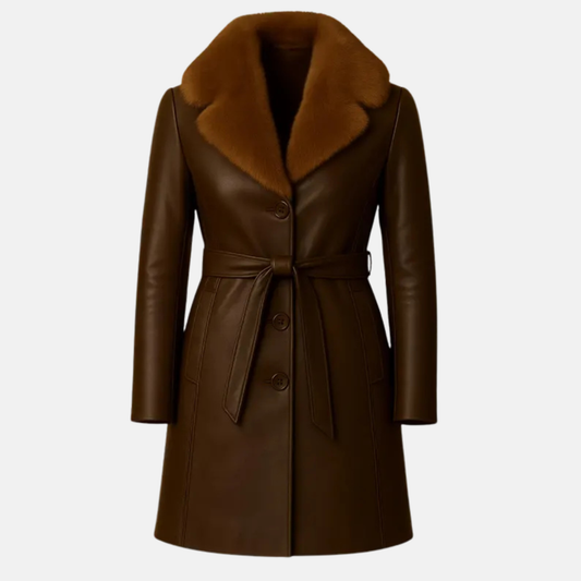 Handmade Brown Leather Trench Coat: Fur Collar, Belted Winter Outerwear