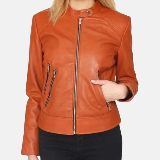 Womens Strong Orange LEATHER JACKET | Slim Fit Biker Leather Jacket | Handmade Celebrity Leather Jacket Gift For Her Orange