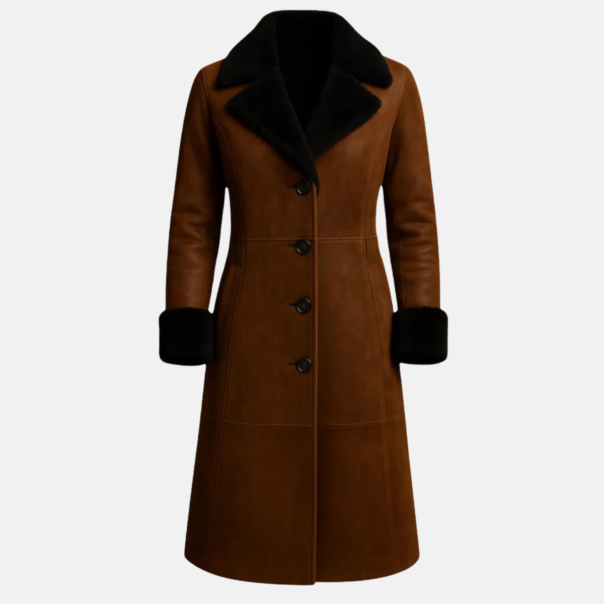 Handmade Brown Leather Coat: Women's Vintage Style with Black Faux Fur