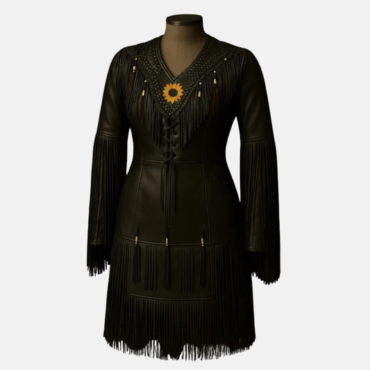 Handmade Leather Wedding Dress Women’s Long Fringe Gown, Western Style Native Powwow Regalia Maxi