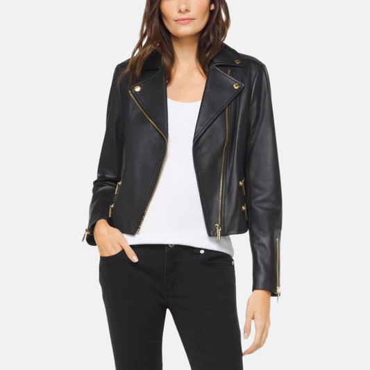 Black Lambskin Leather Biker Jacket: Gold Hardware, Racer Style