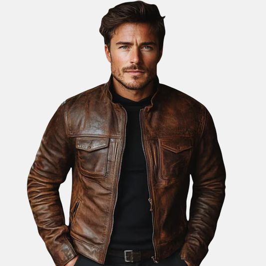 Men's Brown Distressed Sheepskin Leather Cafe Racer Motorcycle Jacket