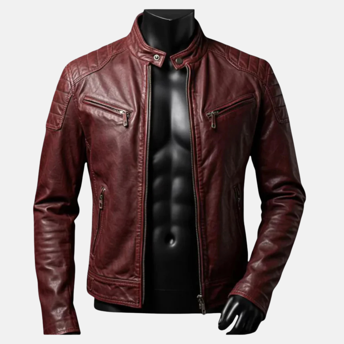 Handmade Burgundy Leather Biker Jacket: Diamond Quilted, Slim Fit