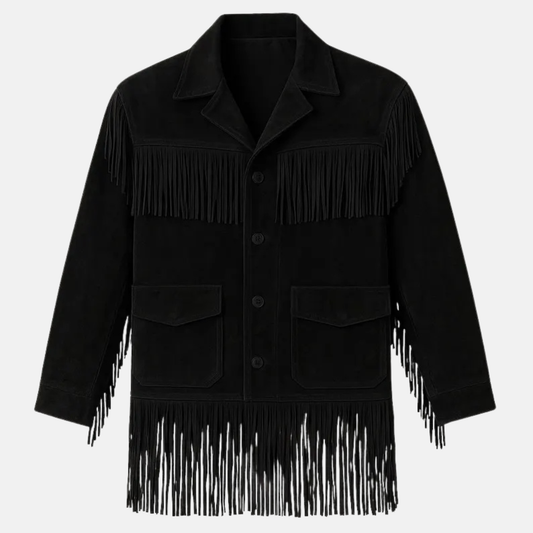 Men’s Black Western Fringe Jacket Handmade Suede Leather Cowboy Coat Vintage Rodeo Style