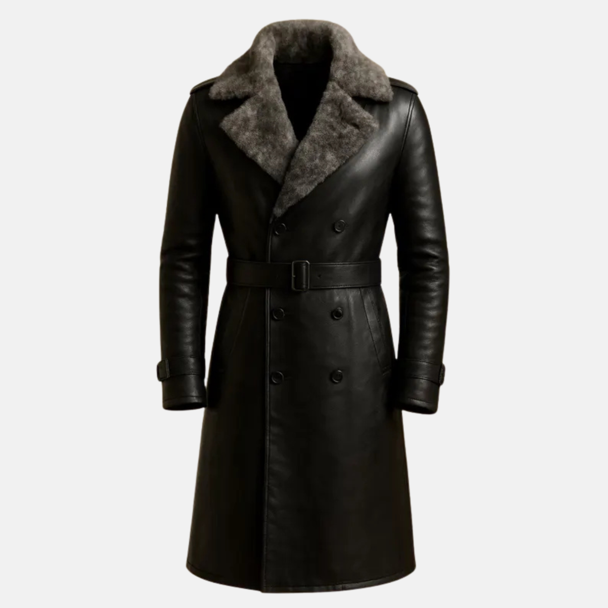 Handmade Black Leather Trench Coat: Men's Vintage Fur Collar Winter Jacket