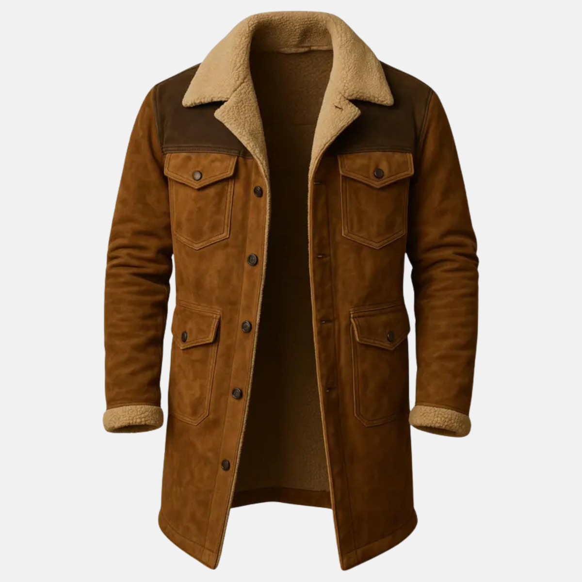 Handmade men’s western long leather coat – vintage cowboy outerwear in classic overcoat style.