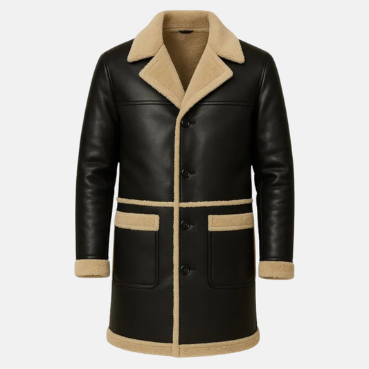 Men’s Shearling Leather Coat Black Winter Jacket Warm Long Fur Lined Coat