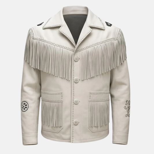 Men’s White Fringe Jacket Western Leather Cowboy Coat Vintage Rodeo Style