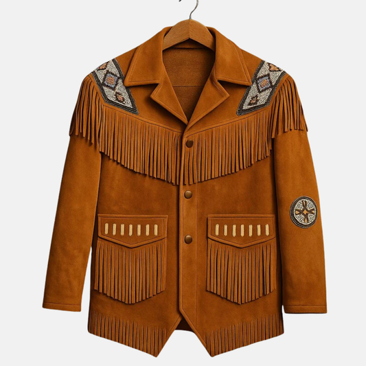 Men’s Western Fringe Jacket Cowboy Suede Leather Coat Beaded Native Style Outfit