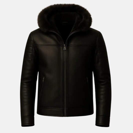 Men’s Handmade Leather Jacket with Fur Hood – Genuine Warm Lined Winter Coat
