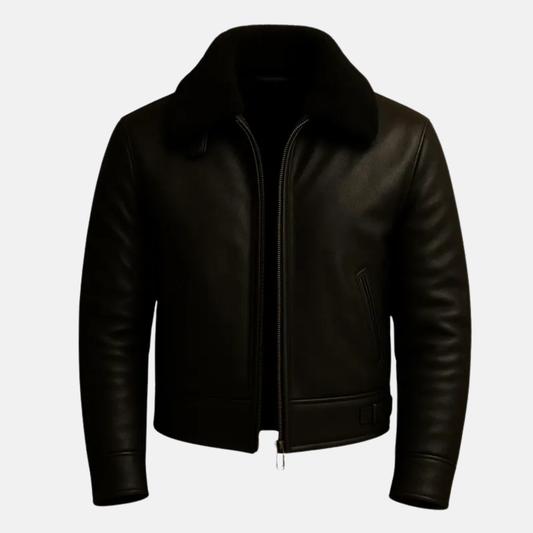 Genuine Leather Aviator Bomber Jacket for Men – Black Fur Collar Design