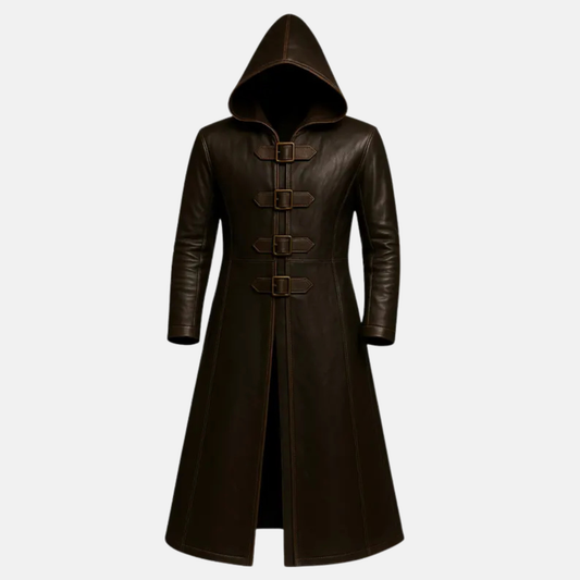 Handmade Men's Brown Leather Hooded Trench Coat: Gothic Medieval Overcoat