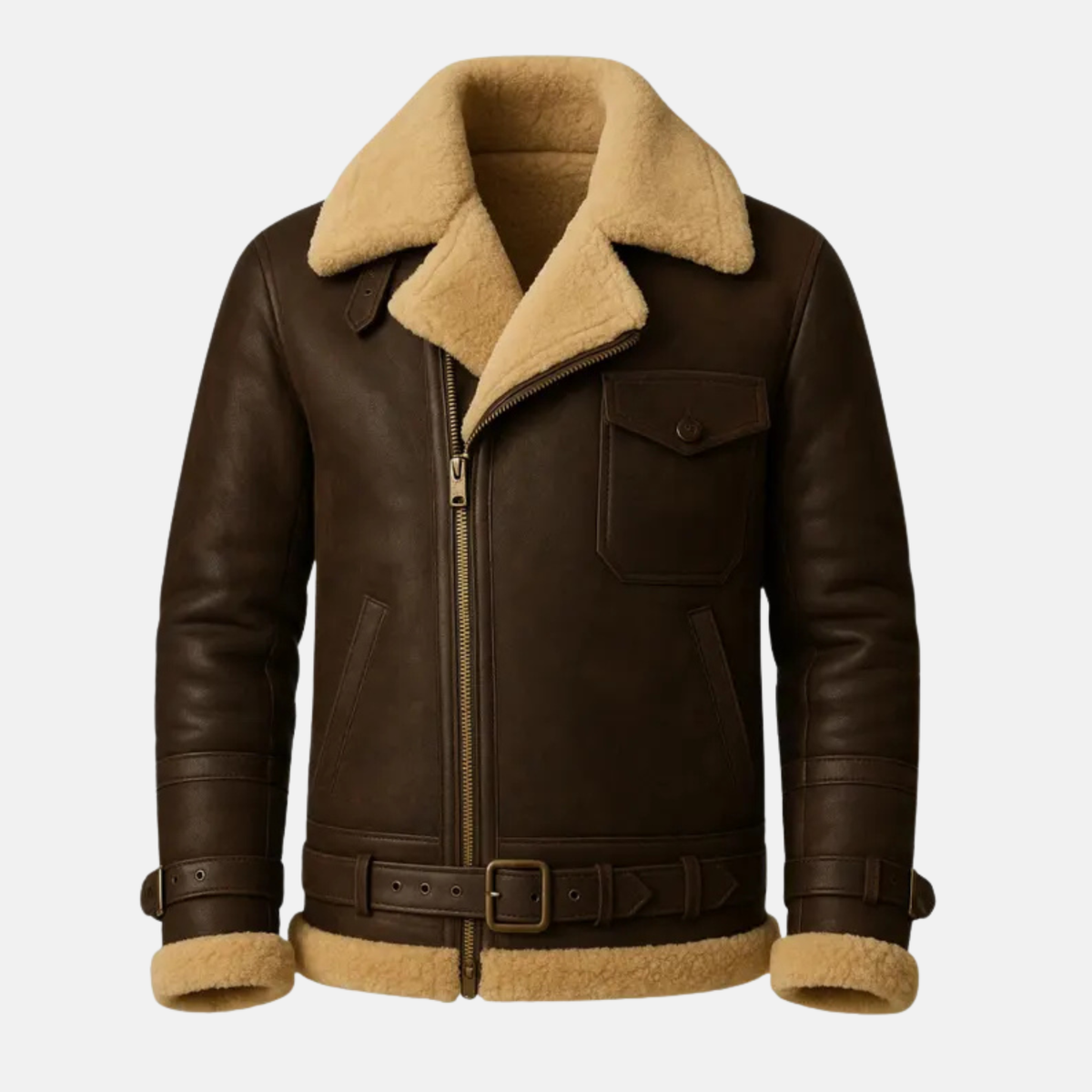 Men’s Handmade Shearling Leather Bomber Jacket – Real Aviator Coat with Fur Collar & Belted Waist