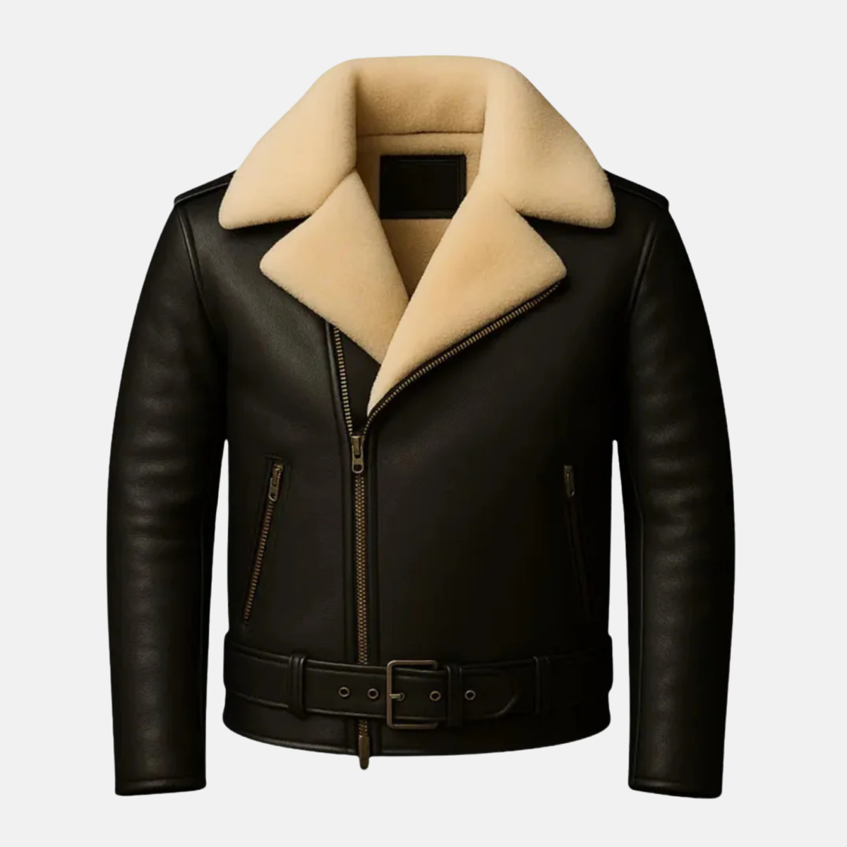 Men’s Black Leather Jacket with Cream Collar Classic Biker Style Winter Warm Zip-Up