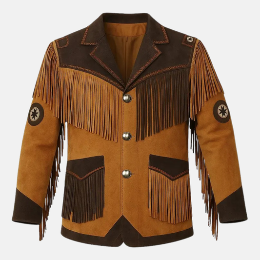 Men’s Western Fringe Leather Jacket Cowboy Style Vintage Coat Brown & Dark Detailing