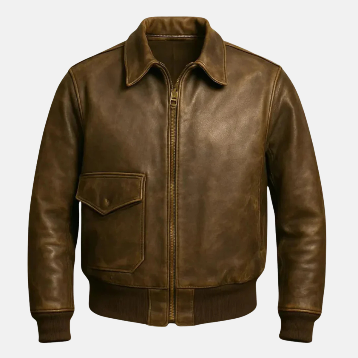 Men’s Classic Brown Leather Jacket Vintage Bomber Style Zip-Up Casual Jacket