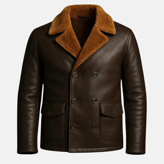 Men’s Brown Shearling Jacket Real Leather Winter Coat Warm Fur Lined Jacket
