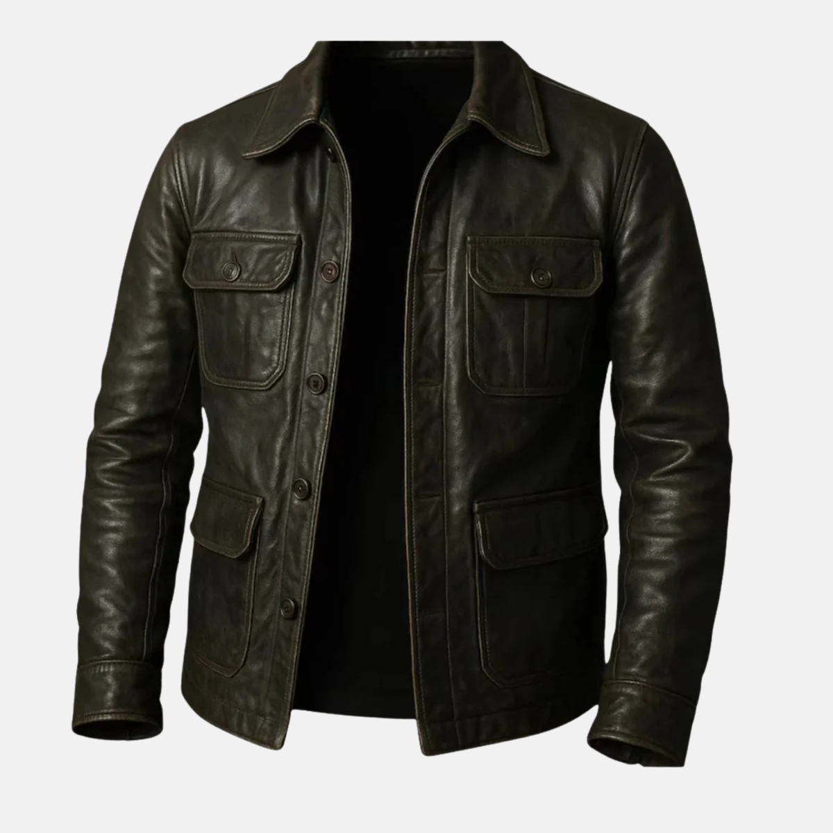 Handmade Men’s Leather Jacket – Vintage Four Pockets, Stylish Shirt Collar Leather Coat