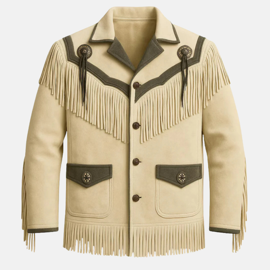 Men’s Western Fringe Jacket Beige Suede Cowboy jacket Vintage Rodeo Leather Style