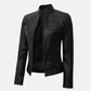 Women's Black Lambskin Leather Cafe Racer Jacket: Handmade Biker Style