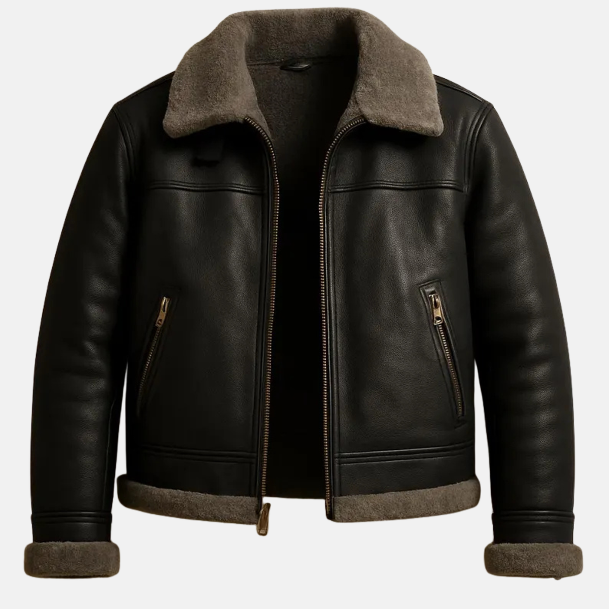 Men's Handmade Leather Bomber Jacket: Black with Gray Faux Fur