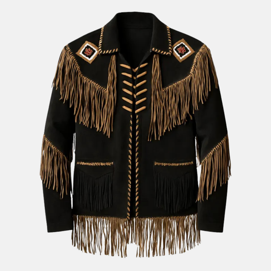Men’s Western Fringe Jacket Cowboy Beaded Style Vintage Rodeo Leather Coat