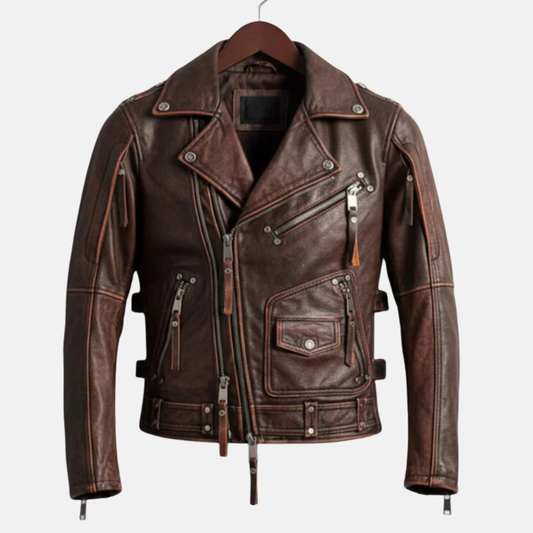Handmade Brown Leather Biker Jacket – Classic Moto Style Men’s Motorcycle Coat