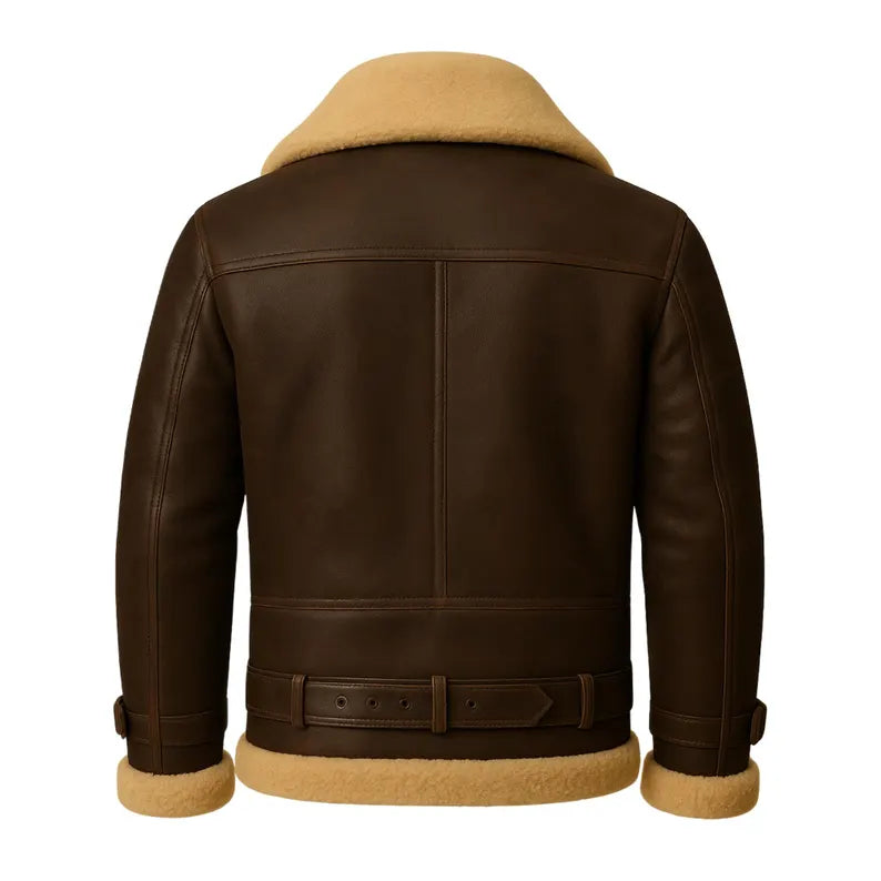 Men’s Handmade Shearling Leather Bomber Jacket – Real Aviator Coat with Fur Collar & Belted Waist