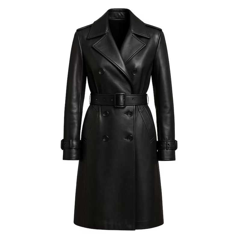 Women’s Black Leather Trench Coat Handmade Belted Long Coat Double Breasted Winter Jacket