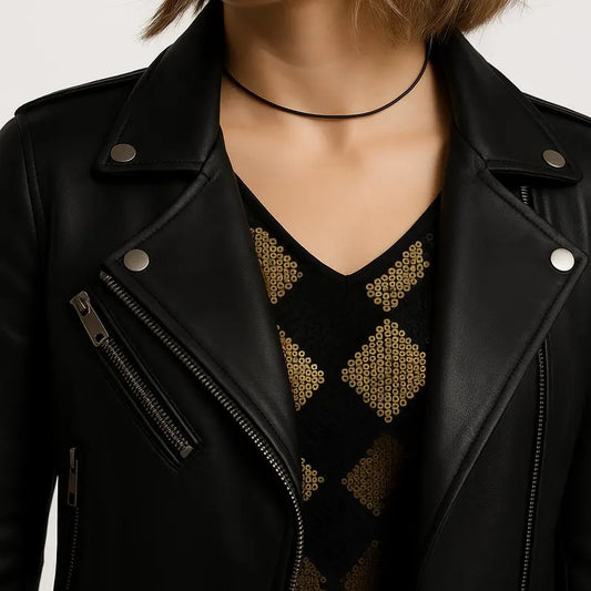 Black Women’s Genuine Leather Quilted Biker Jacket – Slim Fit Motorcycle Jacket for Daily Wear