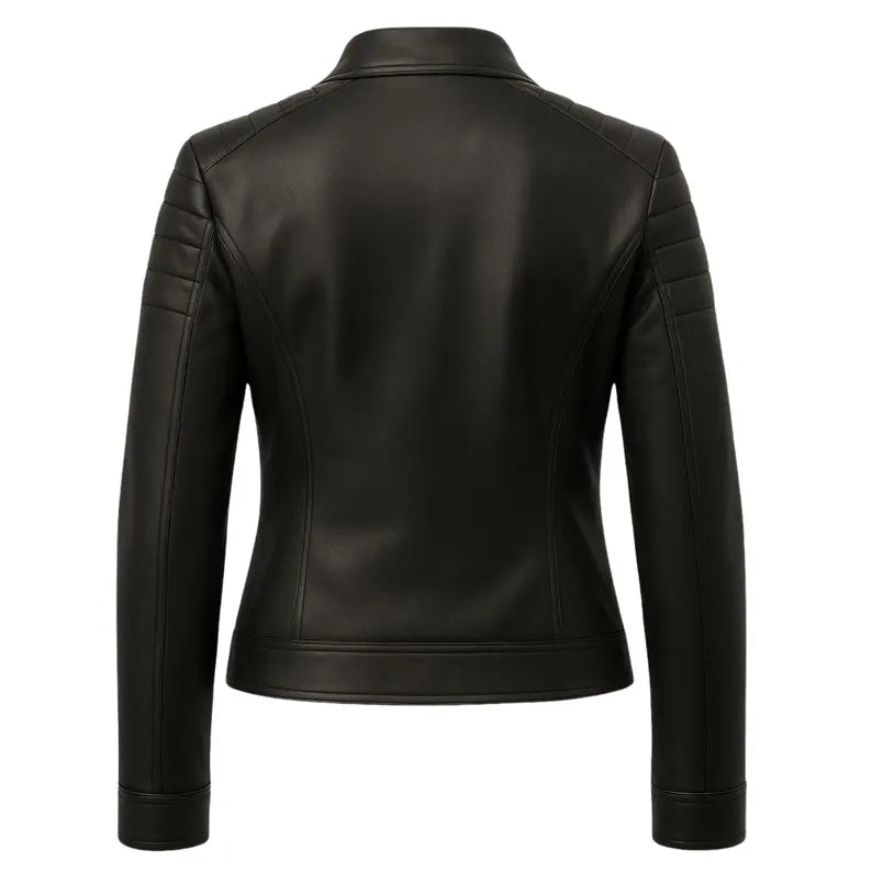 Handmade Women’s Black Leather Motorcycle Jacket – Slim Fit Biker, Classic Cafe Racer Moto Jacket