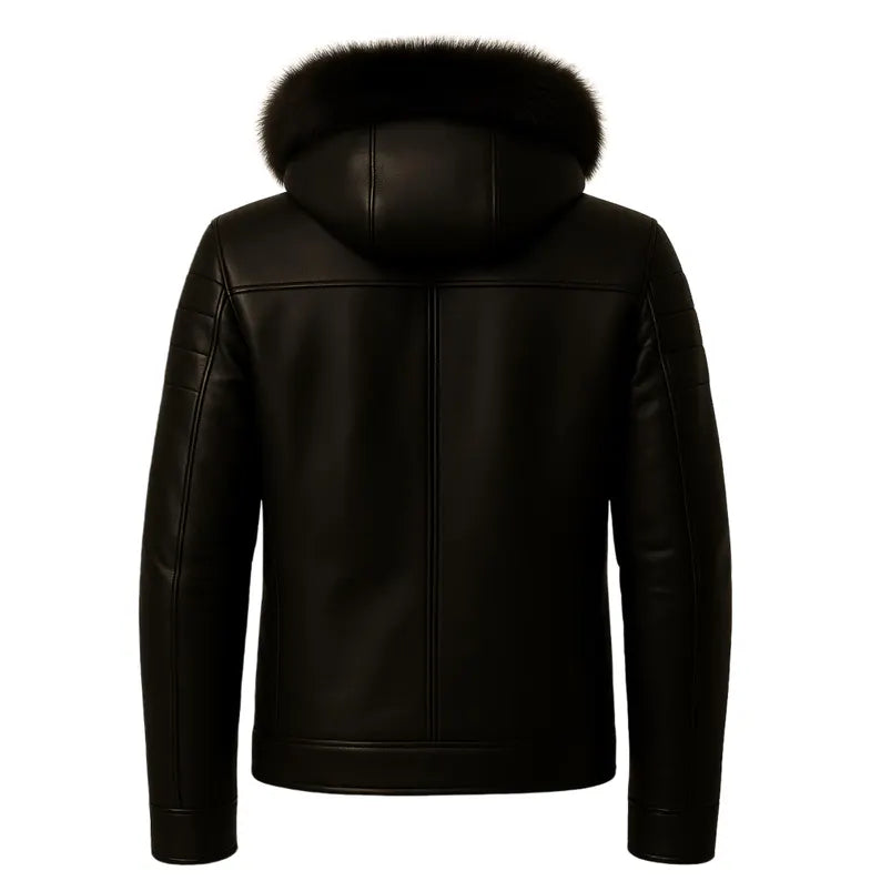 Men’s Handmade Leather Jacket with Fur Hood – Genuine Warm Lined Winter Coat