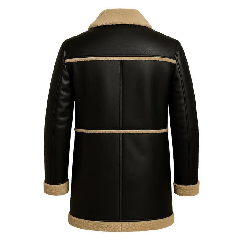 Men’s Shearling Leather Coat Black Winter Jacket Warm Long Fur Lined Coat