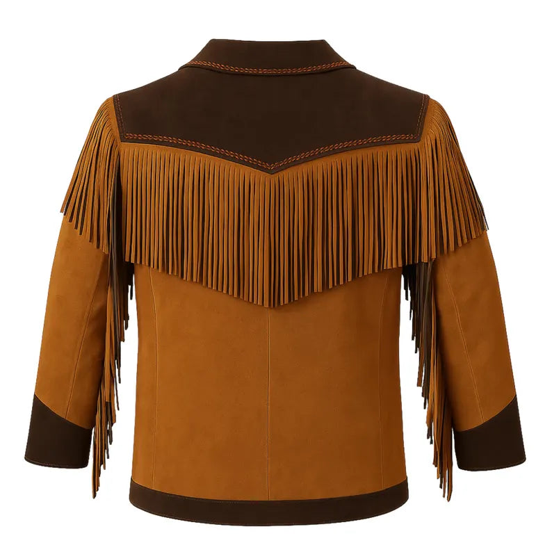 Men’s Western Fringe Leather Jacket Cowboy Style Vintage Coat Brown & Dark Detailing