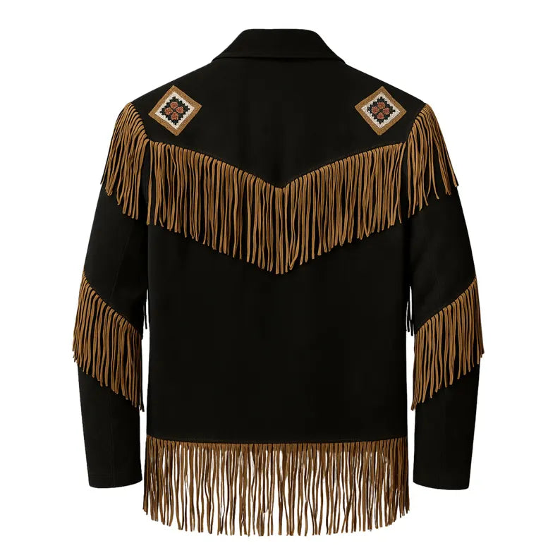 Men’s Western Fringe Jacket Cowboy Beaded Style Vintage Rodeo Leather Coat